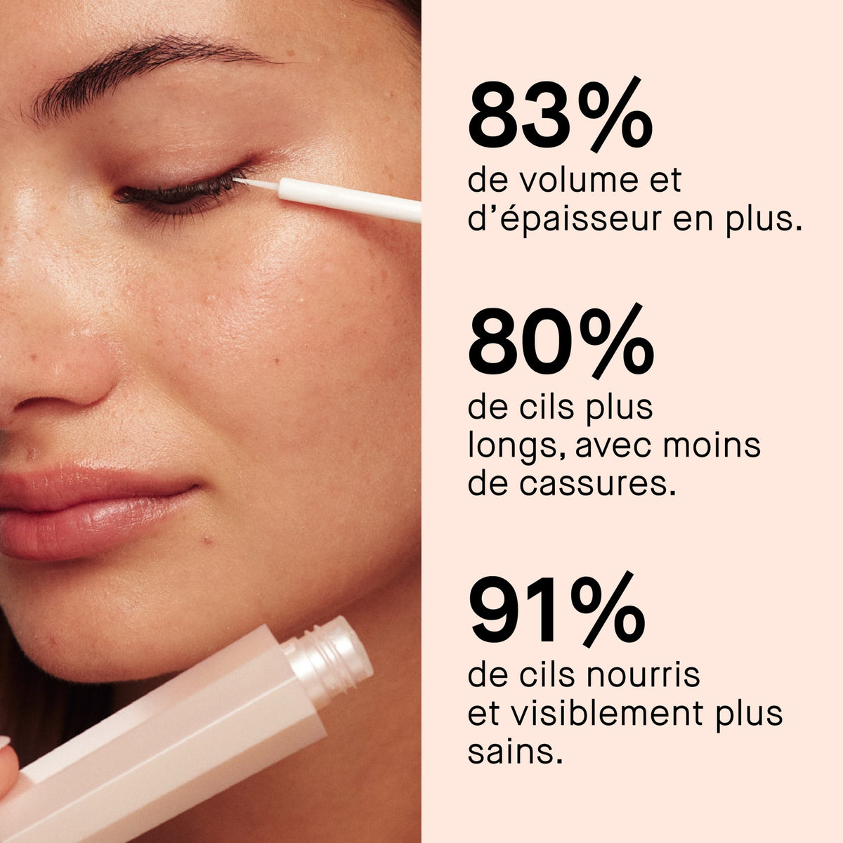 Application du sérum — 83 % de volume en plus, 80 % de cils plus longs, 91 % de cils nourris